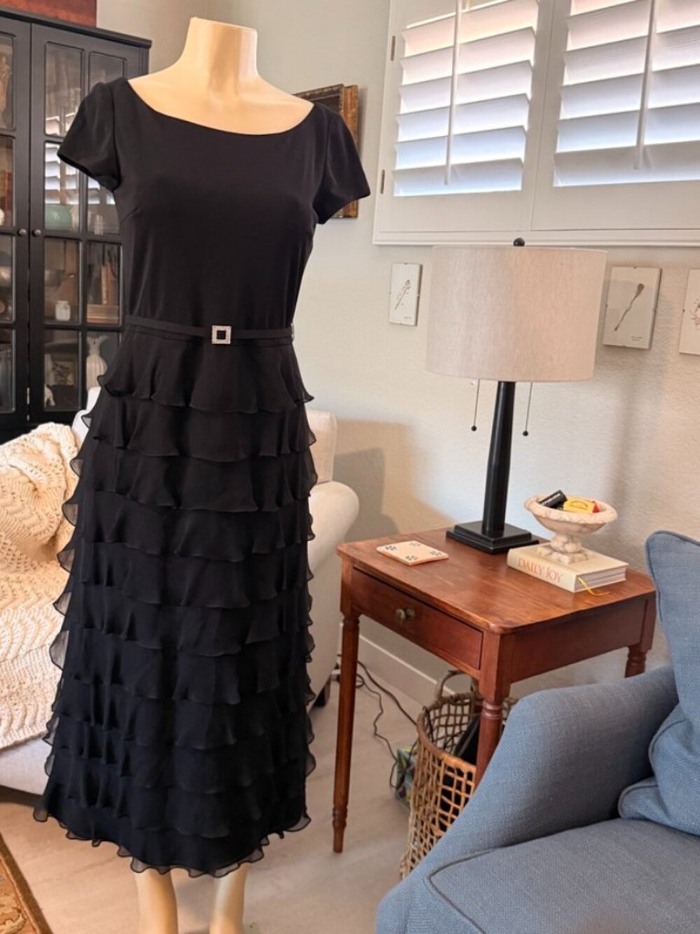 Victoria Royal SILK GOWN cap sleeve multi ruffle rhinestone belt midi in length